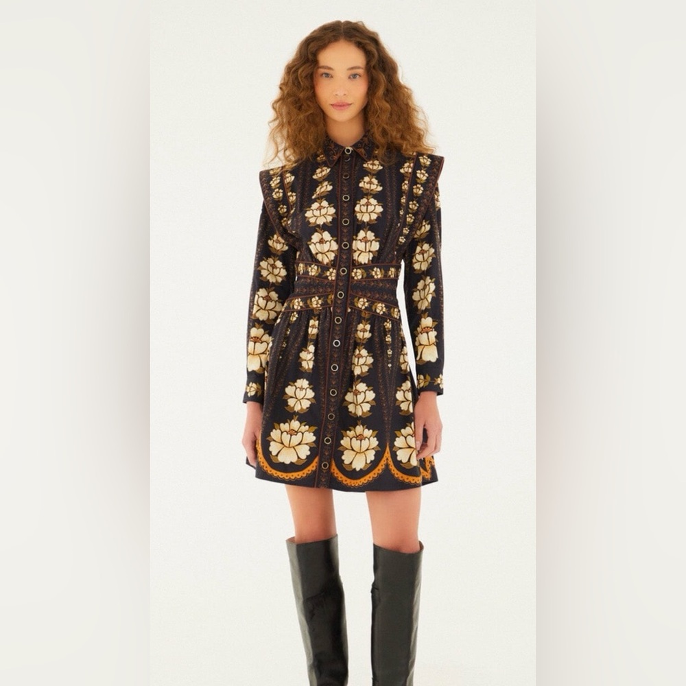 NWT FARM RIO - Black Bold Flowers Long Sleeve Organic Cotton Mini Dress (S)